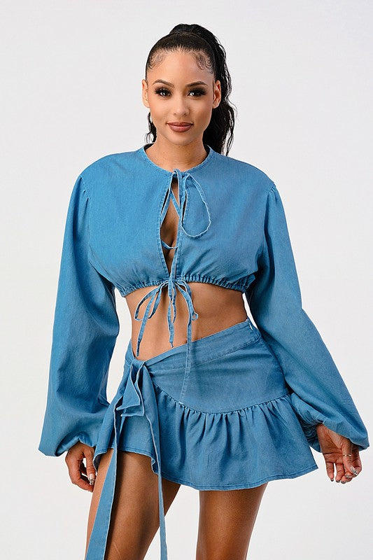 Casual spring denim crop top and skirt set