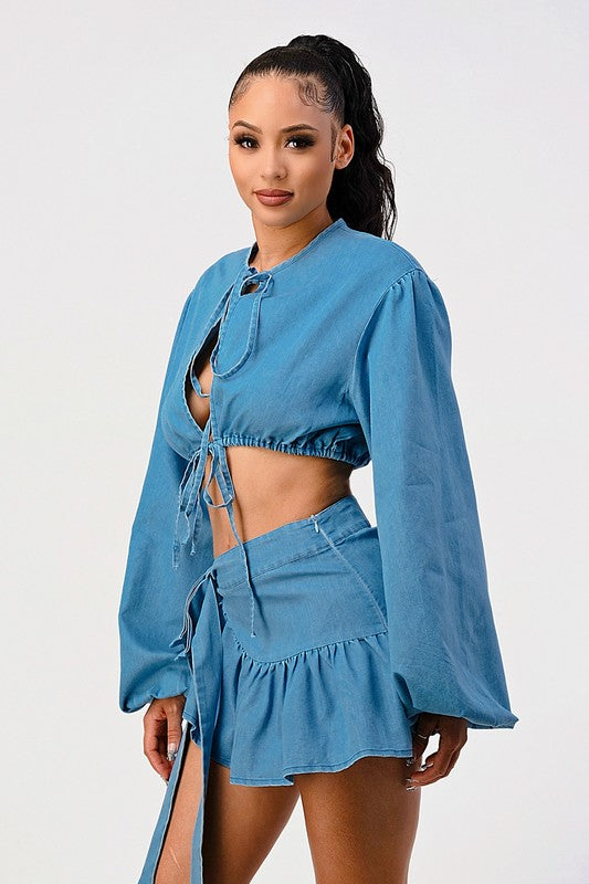 Casual spring denim crop top and skirt set