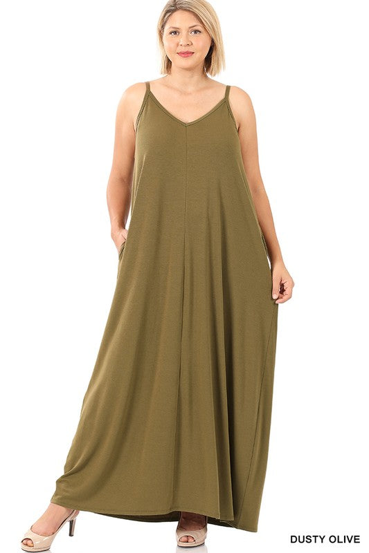 PLUS V NECK CAMI MAXI DRESS WITH SIDE POCKETS