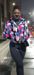 Multi Color Patch Faux Fur Jacket
