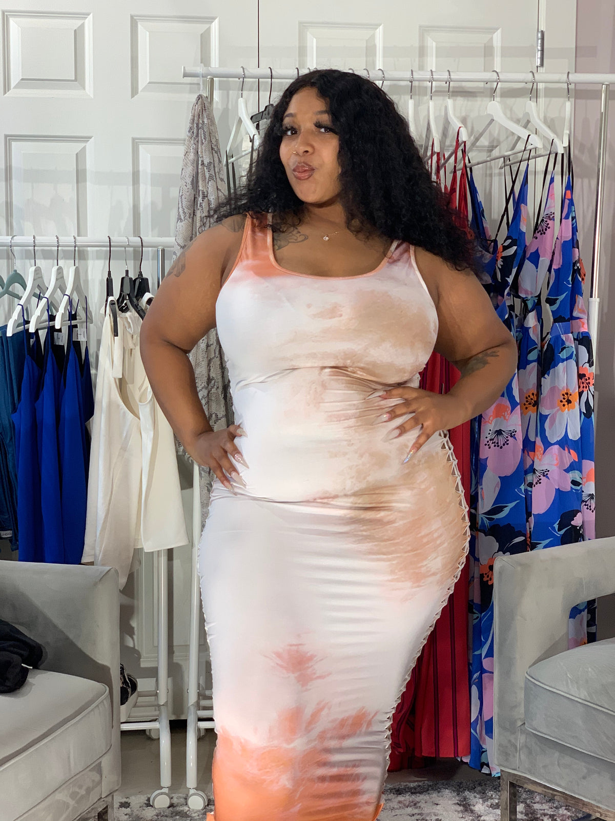 PLüsch Collection Orange Tie Dye Plus Size Side Braid Maxi Dress