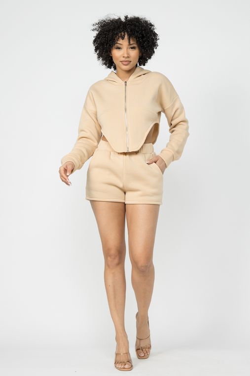 Fleece Zipper Front Hoodie Jacket And Short Set